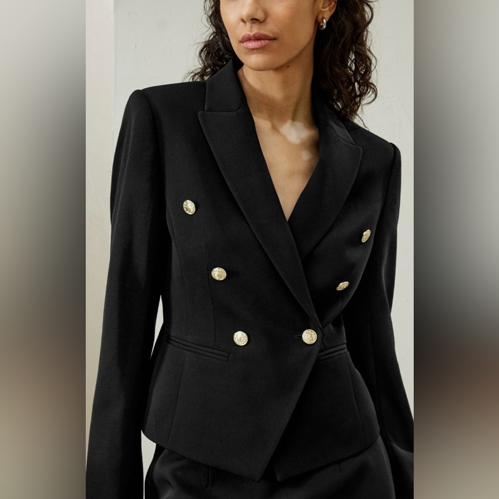 LilySilk Chic Black Double-Breasted Women's Blazer with Gold Buttons